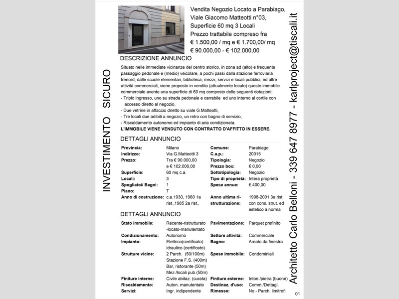 Negozio in Vendita a Parabiago, zona Parabiago, 96'000€, 60 m²