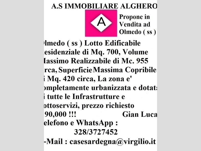 Terreno edificabile in Vendita a Olmedo, zona Citta', 90'000€, 700 m²